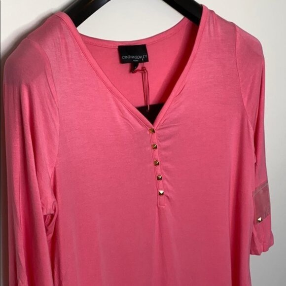 Cynthia Rowley Women Pink V-Neckline Button Down 3/4 Sleeves Top Plus Size 1X - Picture 2 of 9